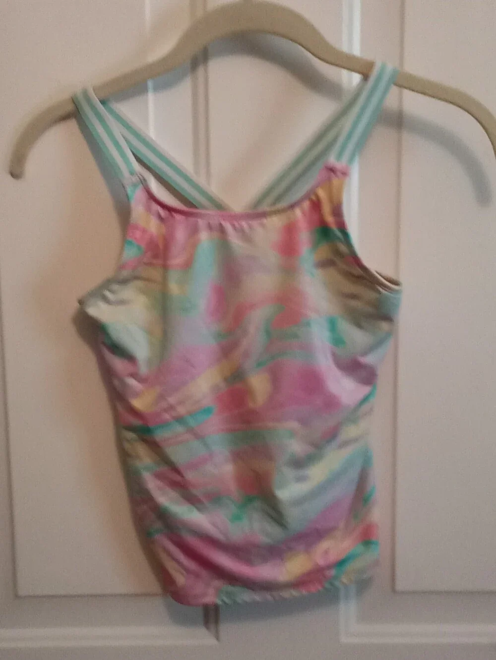 Land's End Girl's Pastel Marble-Print Tankini Top with Striped Crossback Straps